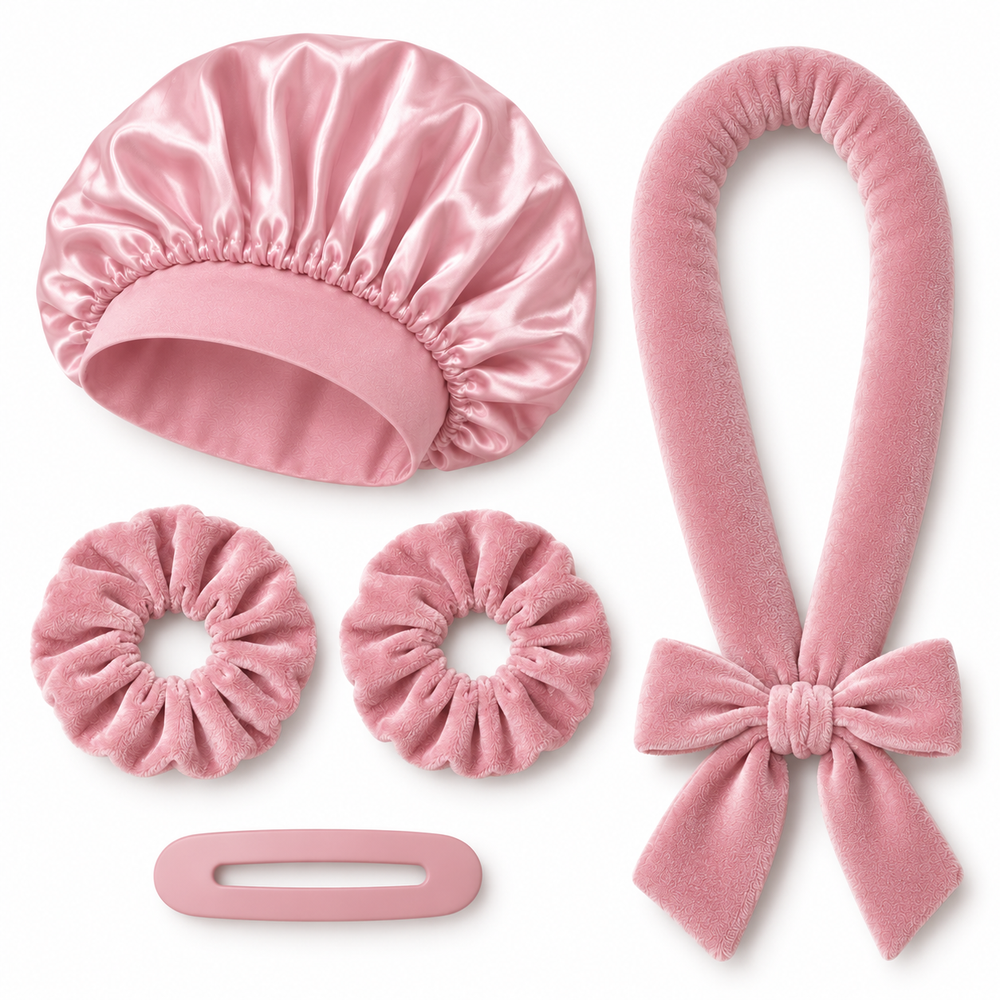 Bandeau velours, bonnet satin, chouchous et pince