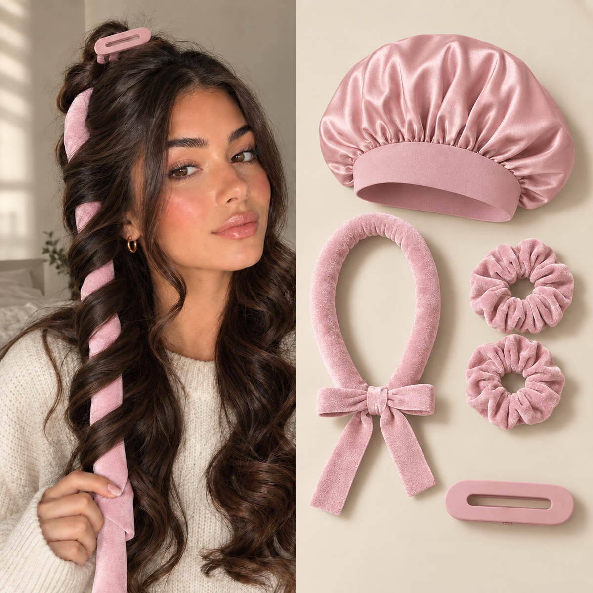 Kit Boucles Sans Chaleur – Bonnet Satin + Bandeau Velours + Chouchous + Pince