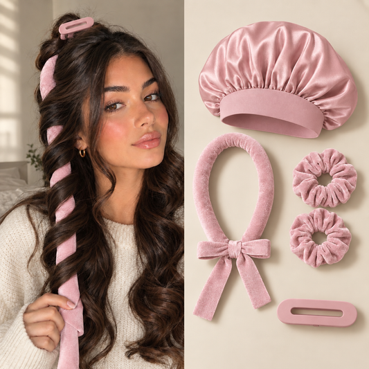 Kit Boucles Sans Chaleur – Bonnet Satin + Bandeau Velours + Chouchous + Pince
