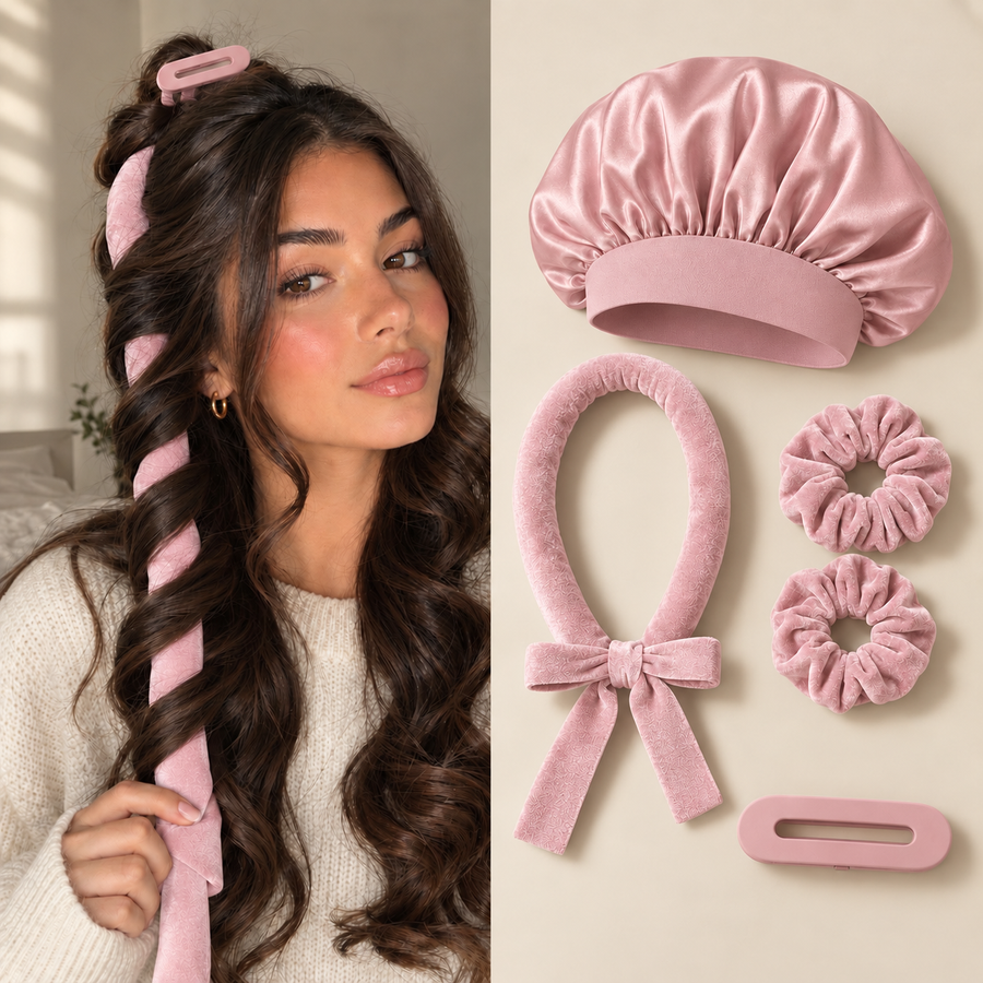 Kit boucles sans chaleur Glowsy : bandeau velours, bonnet satin, chouchous et pince